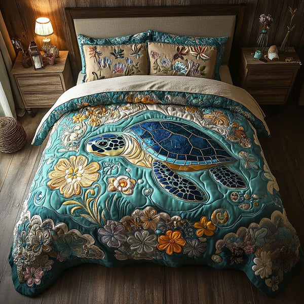 Blue Lagoon Comfort quilted 3-piece bedding set on a made bed in a light coastal bedroom