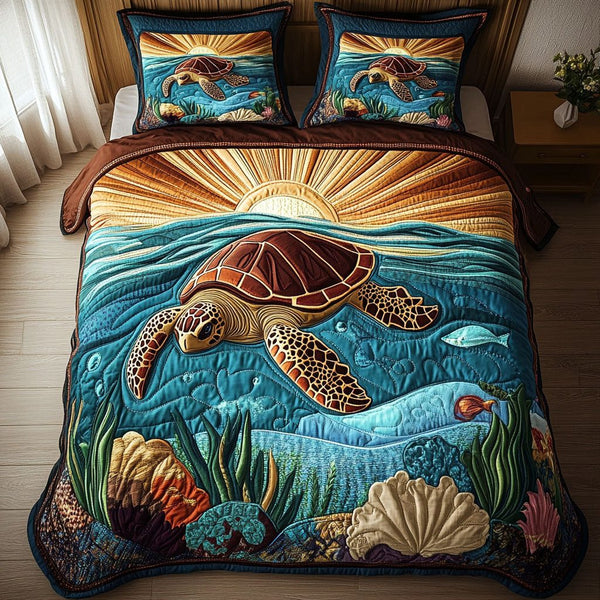 Blue Lagoon Turtle quilted 3-piece bedding set on a made bed in a light coastal bedroom