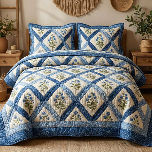 Blue Lattice quilted 3-piece bedding set on a made bed with two matching pillow shams