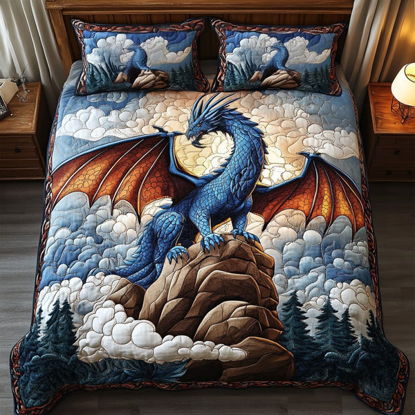 Blue Majesty quilted 3-piece bedding set on a made bed with two matching pillow shams