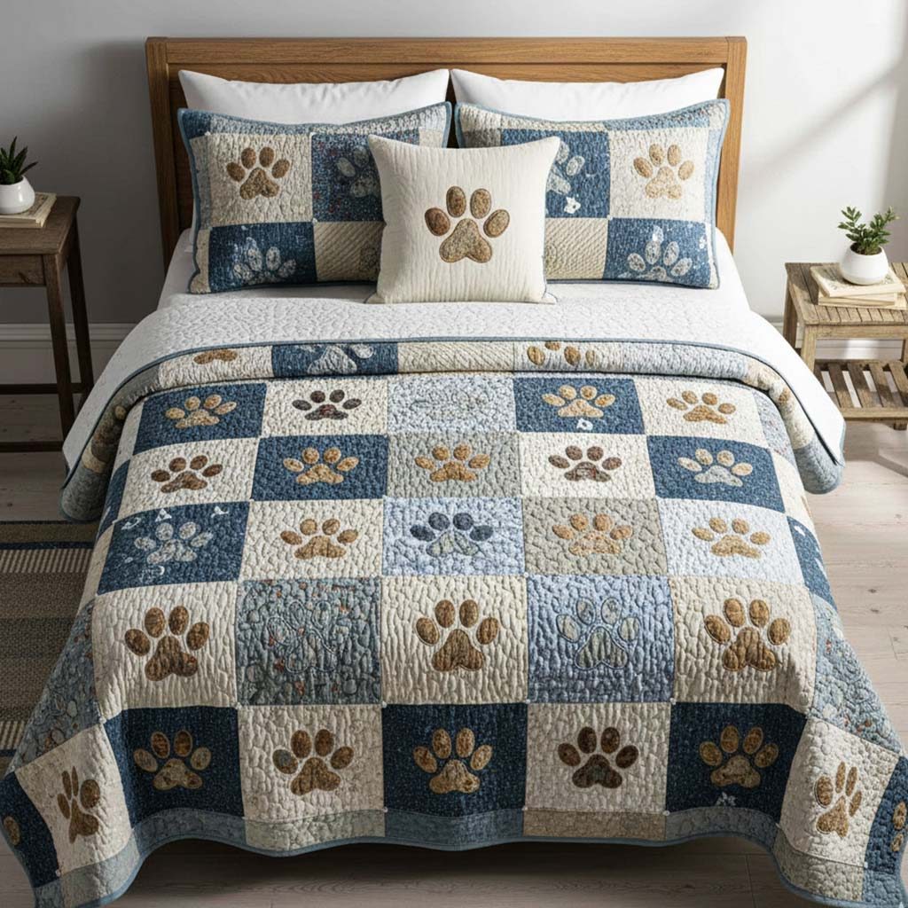 Blue Meadow Paws quilted 3-piece bedding set on a made bed with two matching pillow shams