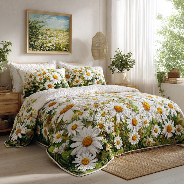 Blue Meadow quilted 3-piece bedding set on a made bed with two matching pillow shams