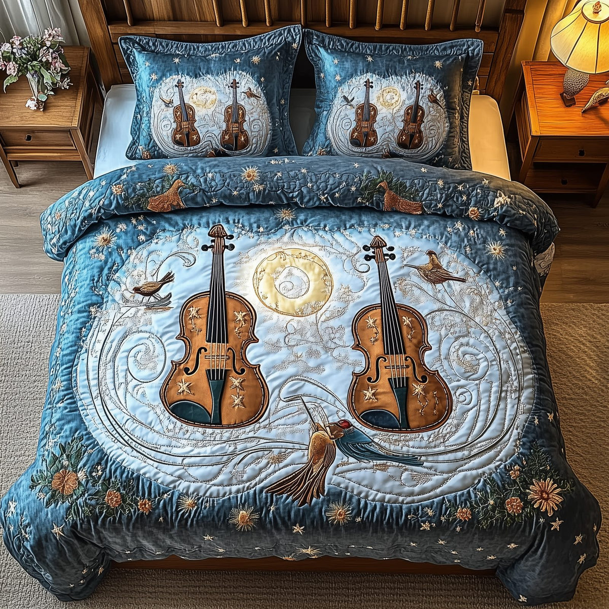 Blue Melodies quilted 3-piece bedding set on a made bed with two matching pillow shams