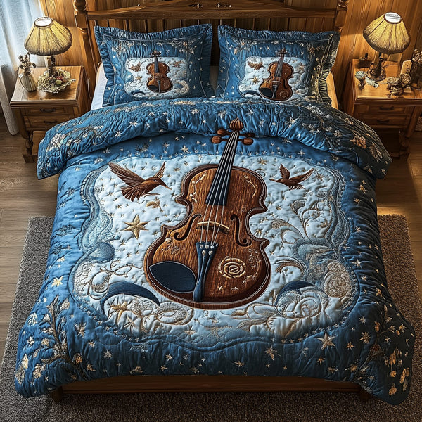 Blue Melodies quilted 3-piece bedding set on a made bed with two matching pillow shams
