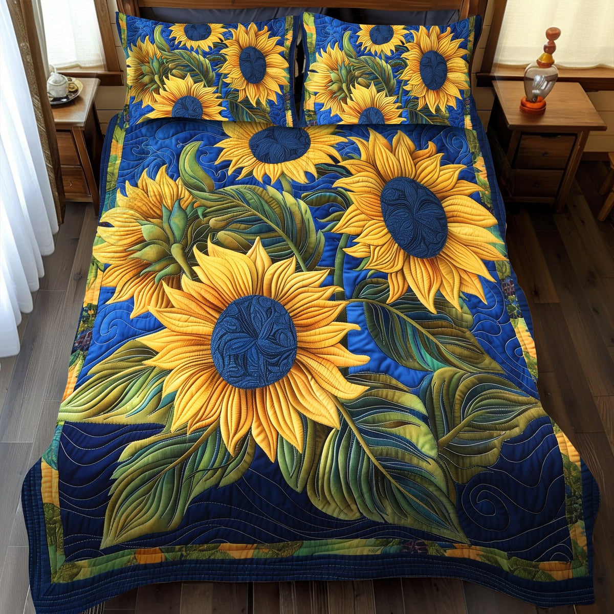 Blue Night Sunflower quilted 3-piece bedding set on a made bed with two matching pillow shams