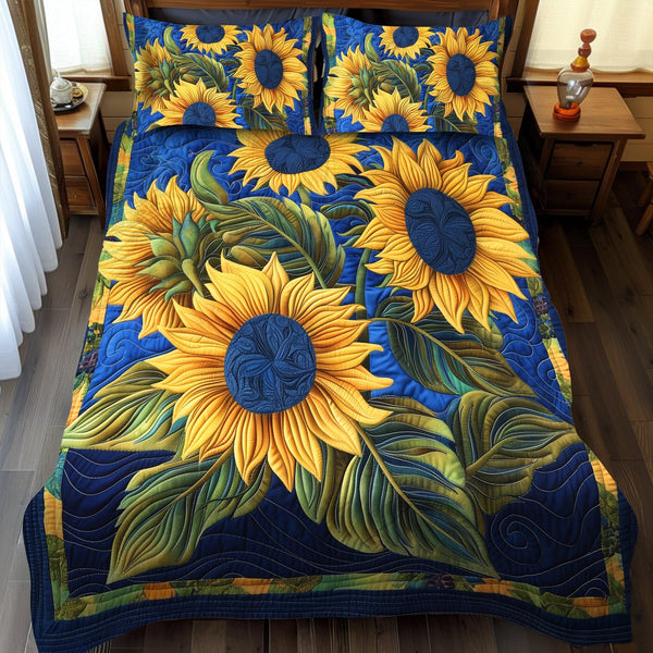 Blue Night Sunflower quilted 3-piece bedding set on a made bed with two matching pillow shams