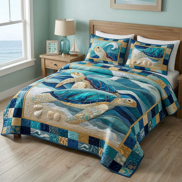 Blue Ocean Turtle quilted 3-piece bedding set on a made bed in a light coastal bedroom