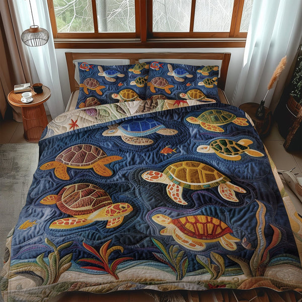 Blue Ocean Turtle quilted 3-piece bedding set on a made bed in a light coastal bedroom
