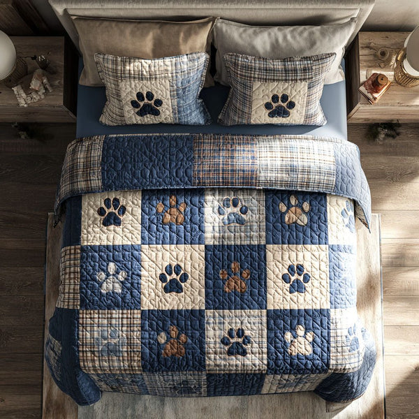 Blue Paw Comfort quilted 3-piece bedding set on a made bed with two matching pillow shams