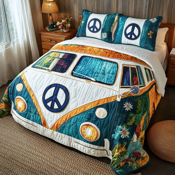 Blue Peace Van quilted 3-piece bedding set on a made bed with two matching pillow shams