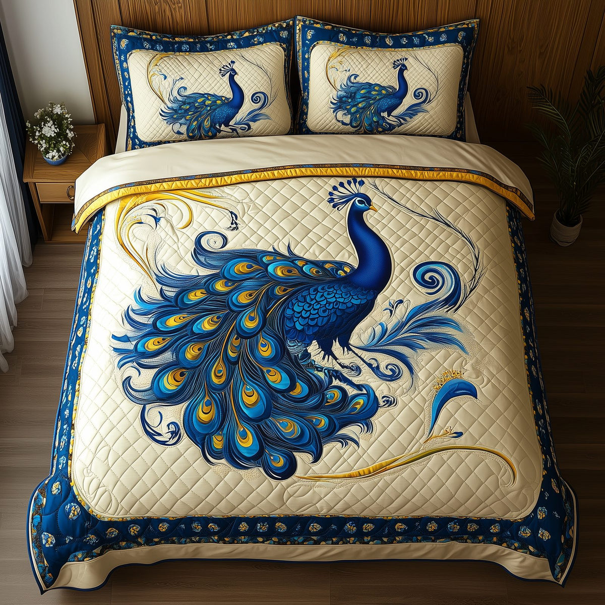 Blue Peacock quilted 3-piece bedding set on a made bed with two matching pillow shams