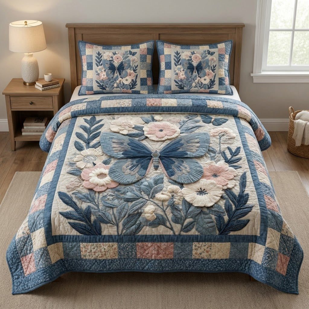Blue Petal quilted 3-piece bedding set on a made bed with two matching pillow shams