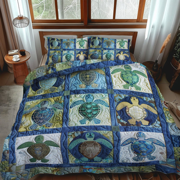 Blue Reef Turtle quilted 3-piece bedding set on a made bed in a light coastal bedroom