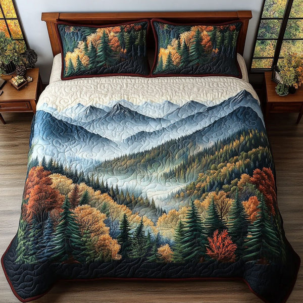 Blue Ridge Beauty quilted 3-piece bedding set on a made bed with two matching pillow shams