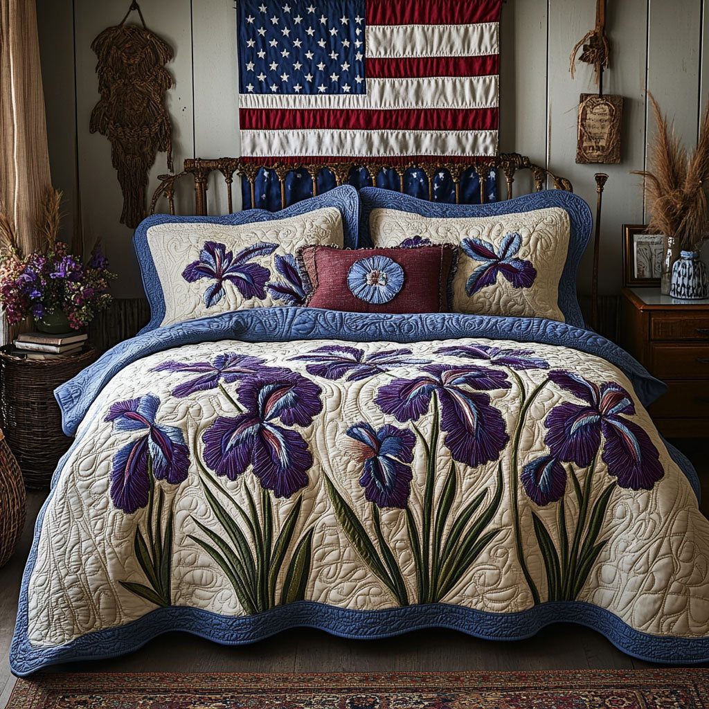 Blue Ridge Blossom quilted 3-piece bedding set on a made bed with two matching pillow shams