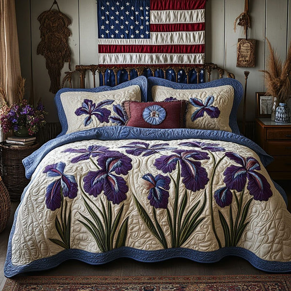 Blue Ridge Blossom quilted 3-piece bedding set on a made bed with two matching pillow shams