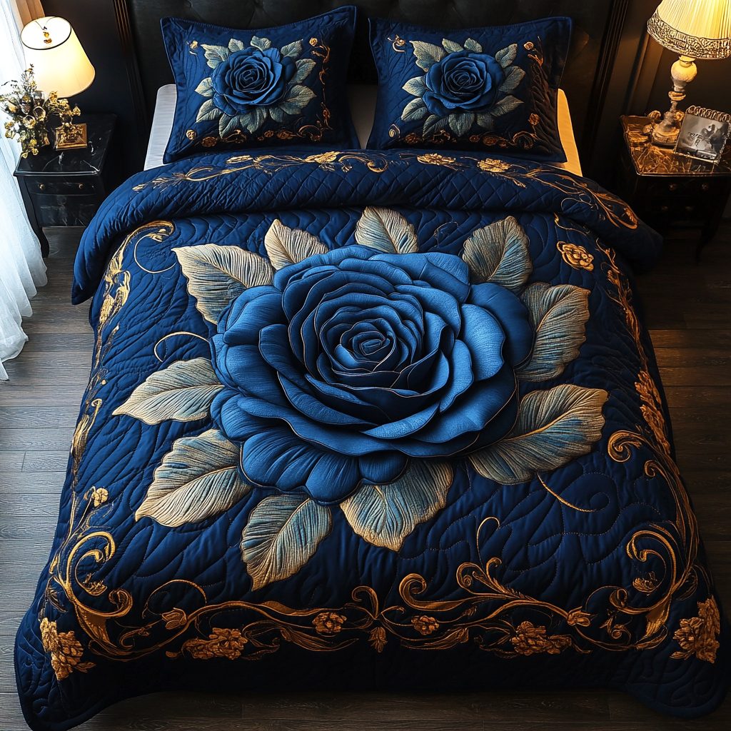 Blue Rose Elegance quilted 3-piece bedding set on a made bed with two matching pillow shams