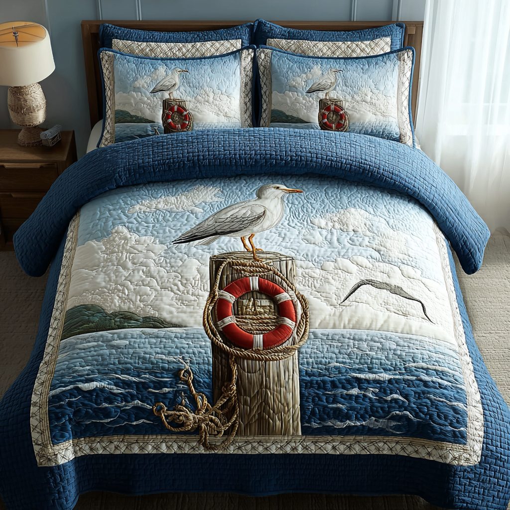 Blue Seagull quilted 3-piece bedding set on a made bed in a light coastal bedroom