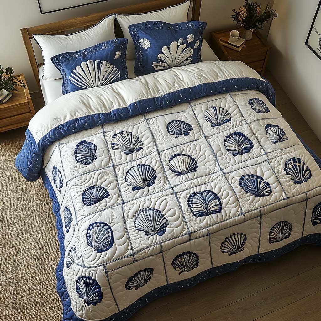 Blue Seashells quilted 3-piece bedding set on a made bed in a light coastal bedroom