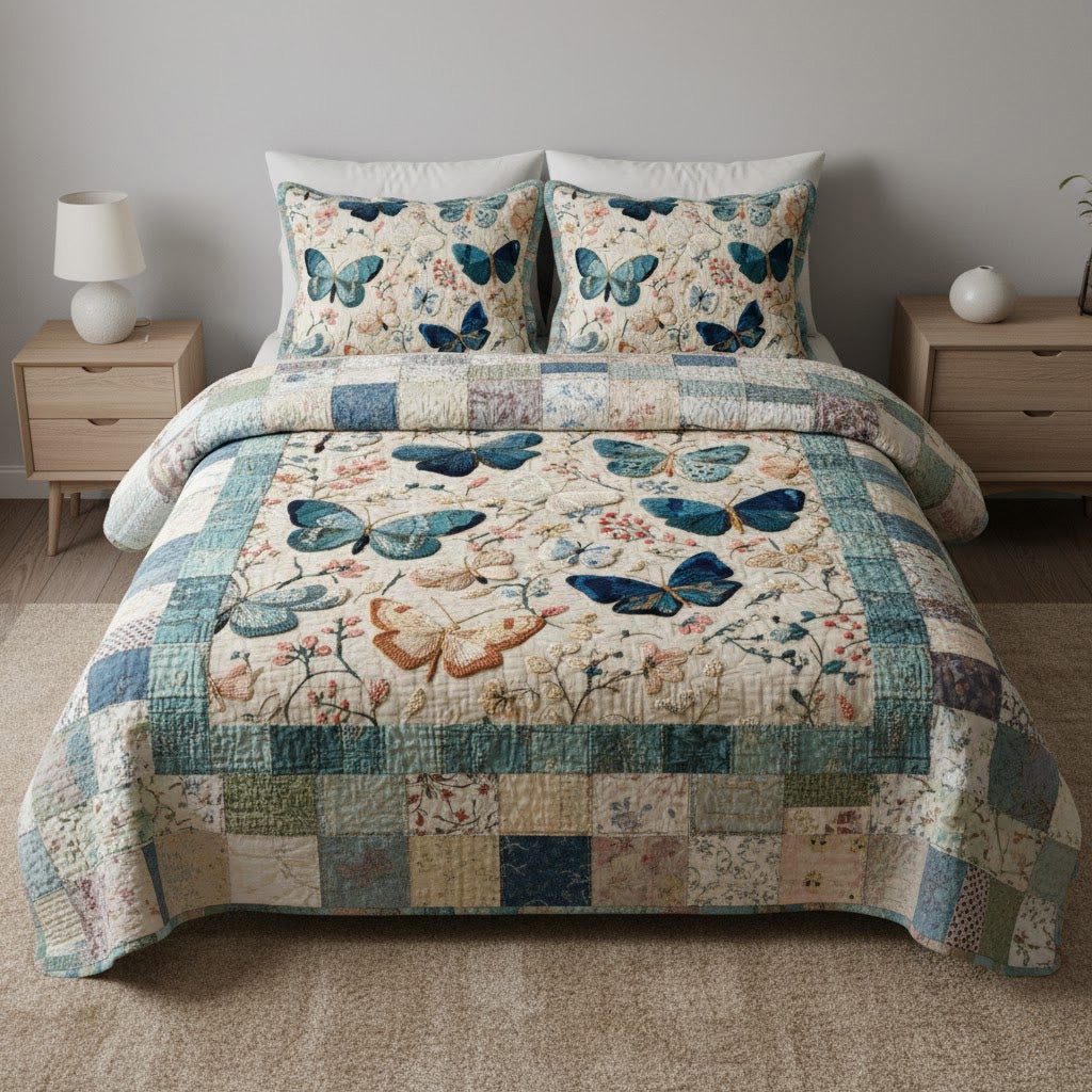 Blue Serenade quilted 3-piece bedding set on a made bed with two matching pillow shams