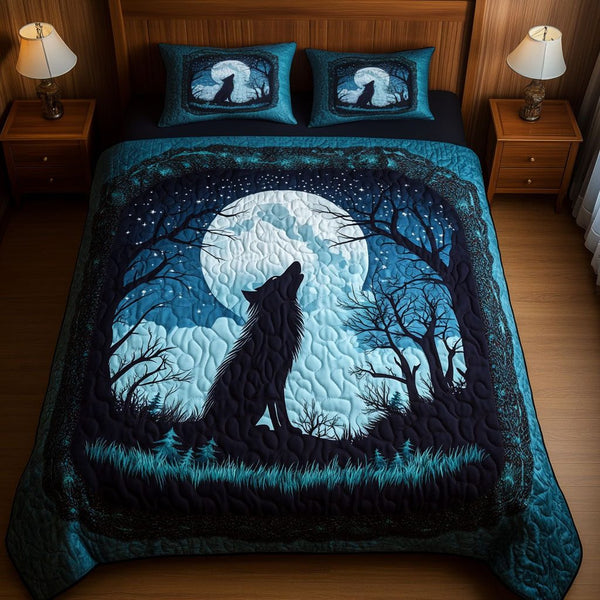 Blue Serenity quilted 3-piece bedding set on a made bed with two matching pillow shams