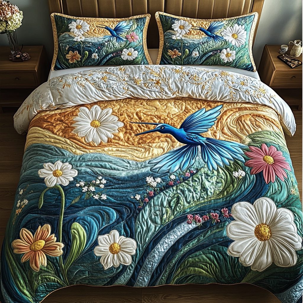 Blue Serenity quilted 3-piece bedding set on a made bed with two matching pillow shams