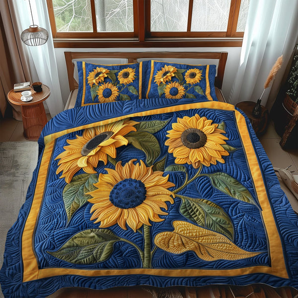 Blue Sunflower Dream quilted 3-piece bedding set on a made bed with two matching pillow shams