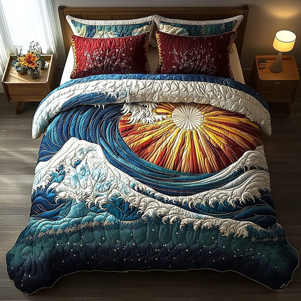 Blue Surge quilted 3-piece bedding set on a made bed with two matching pillow shams