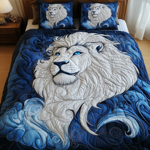 Blue Swirl Lion King quilted 3-piece bedding set on a made bed with two matching pillow shams