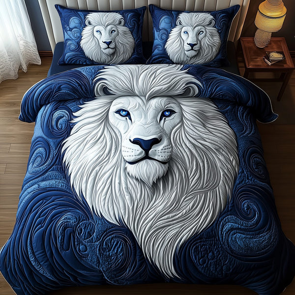 Blue Swirl Lion King quilted 3-piece bedding set on a made bed with two matching pillow shams