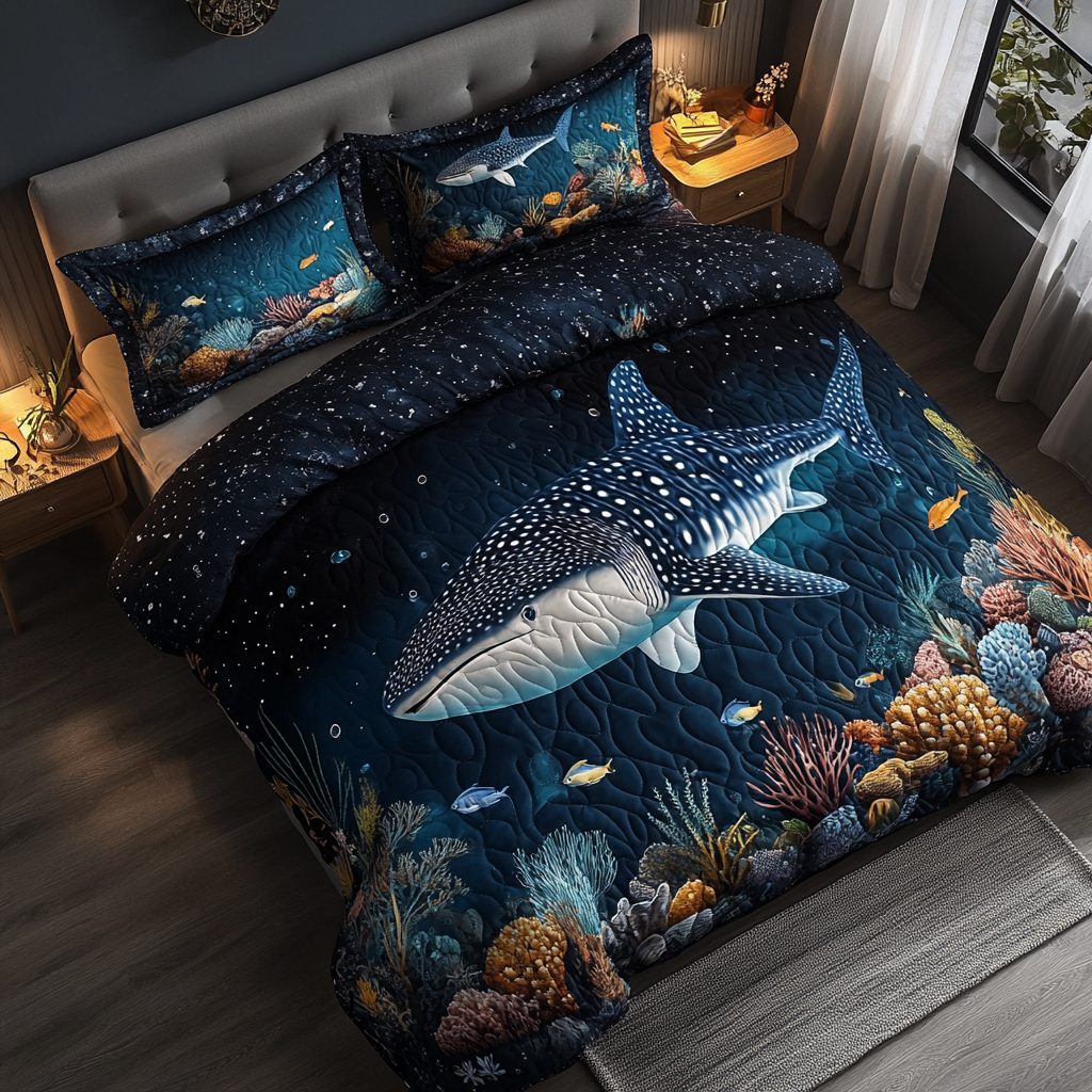 Blue Titan quilted 3-piece bedding set on a made bed with two matching pillow shams