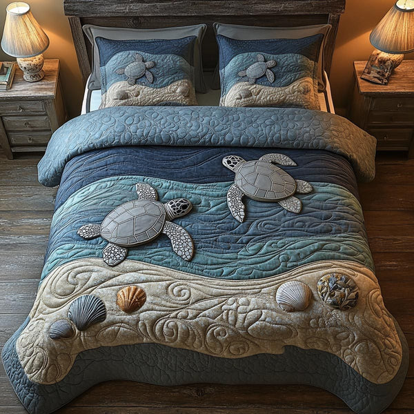 Blue Turtle quilted 3-piece bedding set on a made bed in a light coastal bedroom