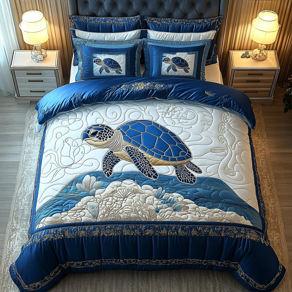Blue Turtle Reef quilted 3-piece bedding set on a made bed in a light coastal bedroom