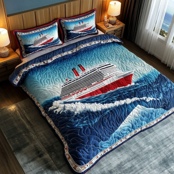 Blue Wave Cruiser quilted 3-piece bedding set on a made bed in a light coastal bedroom