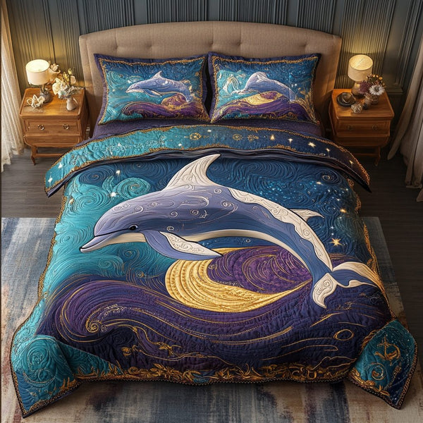 Blue Wave quilted 3-piece bedding set on a made bed in a light coastal bedroom