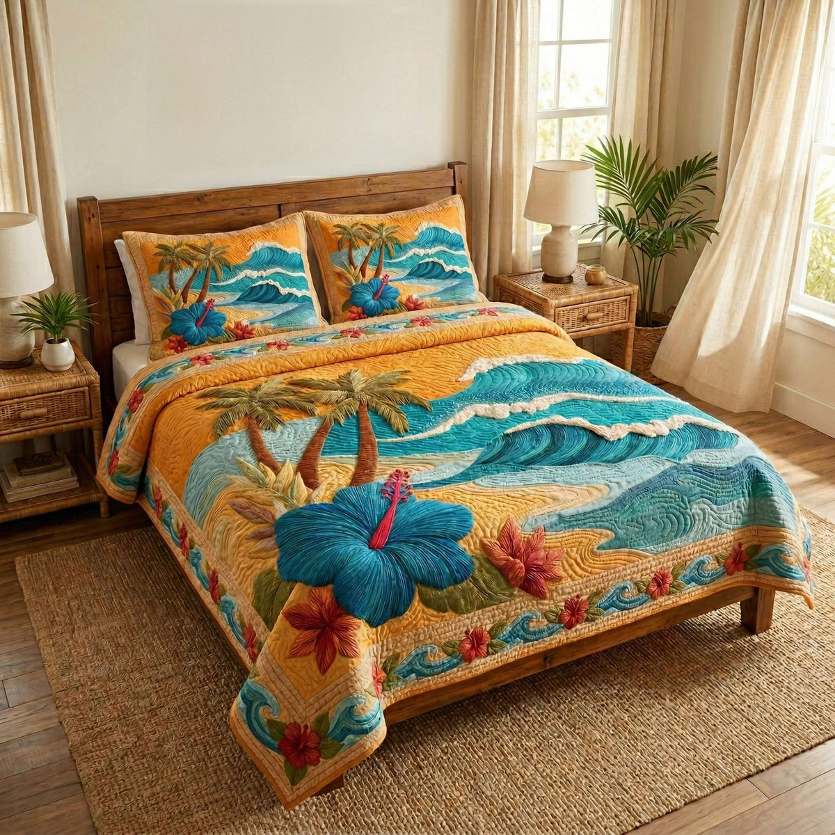 Blue Wave quilted 3-piece bedding set on a made bed in a light coastal bedroom