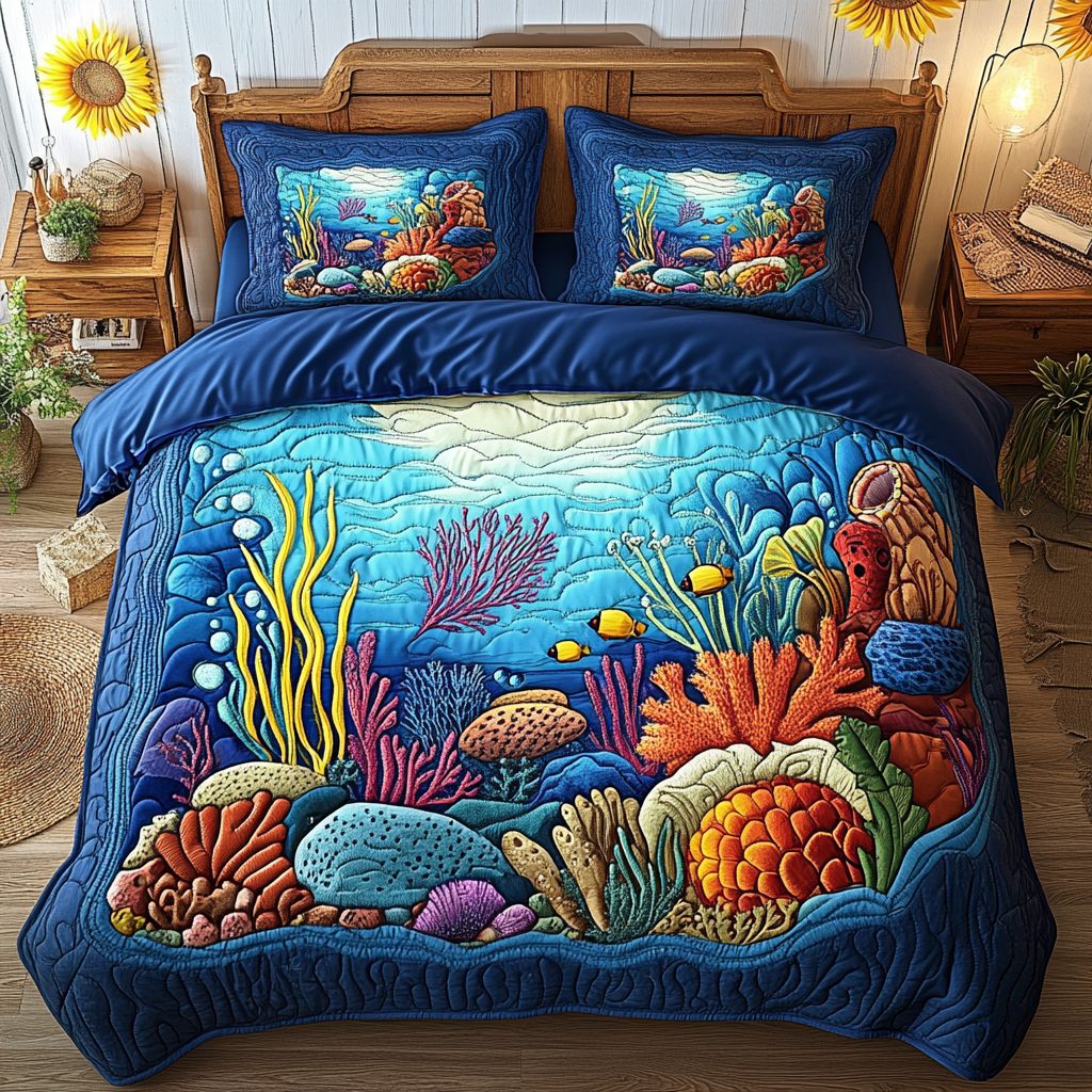 Blue Waves quilted 3-piece bedding set on a made bed in a light coastal bedroom