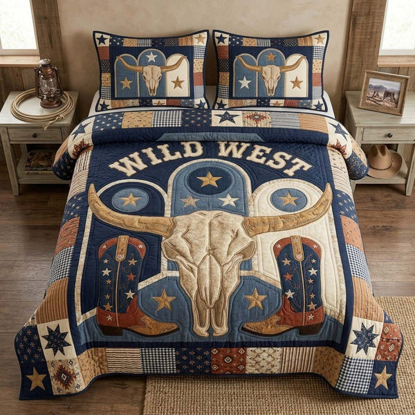 Blue Western Skull quilted 3-piece bedding set on a made bed against a dark styled interior