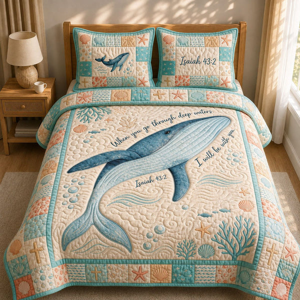 Blue Whale Bible Quote quilted 3-piece bedding set on a made bed in a softly lit bedroom