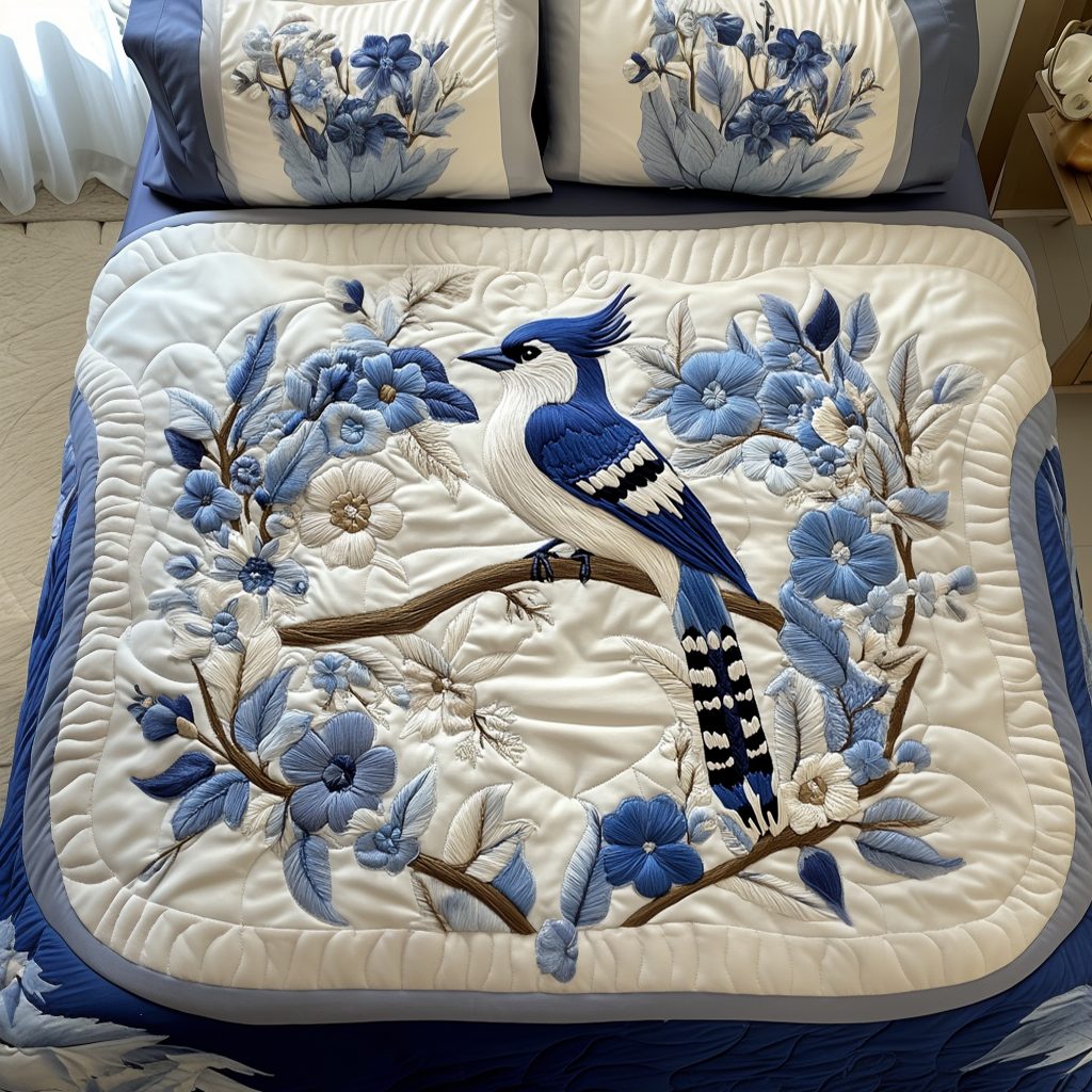 Blue Whisper quilted 3-piece bedding set on a made bed with two matching pillow shams