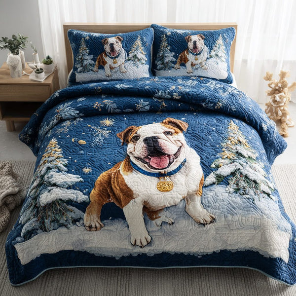 Blue Winter Bulldog quilted 3-piece bedding set on a made bed in a winter-styled bedroom