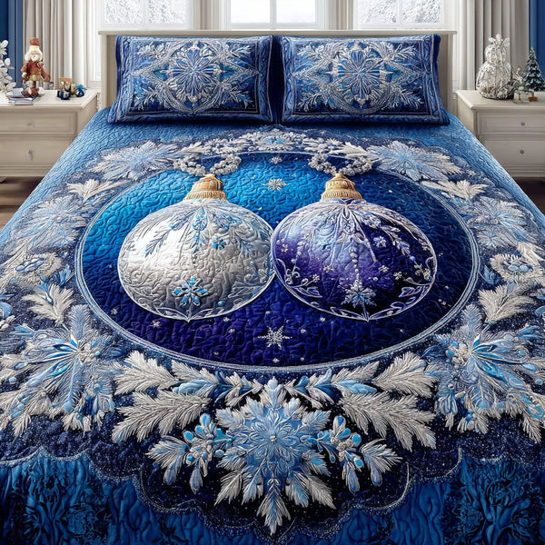 Blue Winter Charm quilted 3-piece bedding set on a made bed in a winter-styled bedroom
