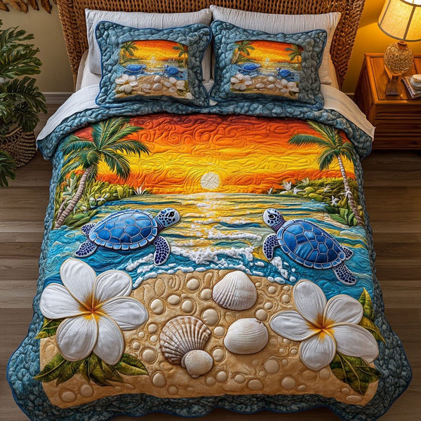 Blueback Glide quilted 3-piece bedding set on a made bed with two matching pillow shams