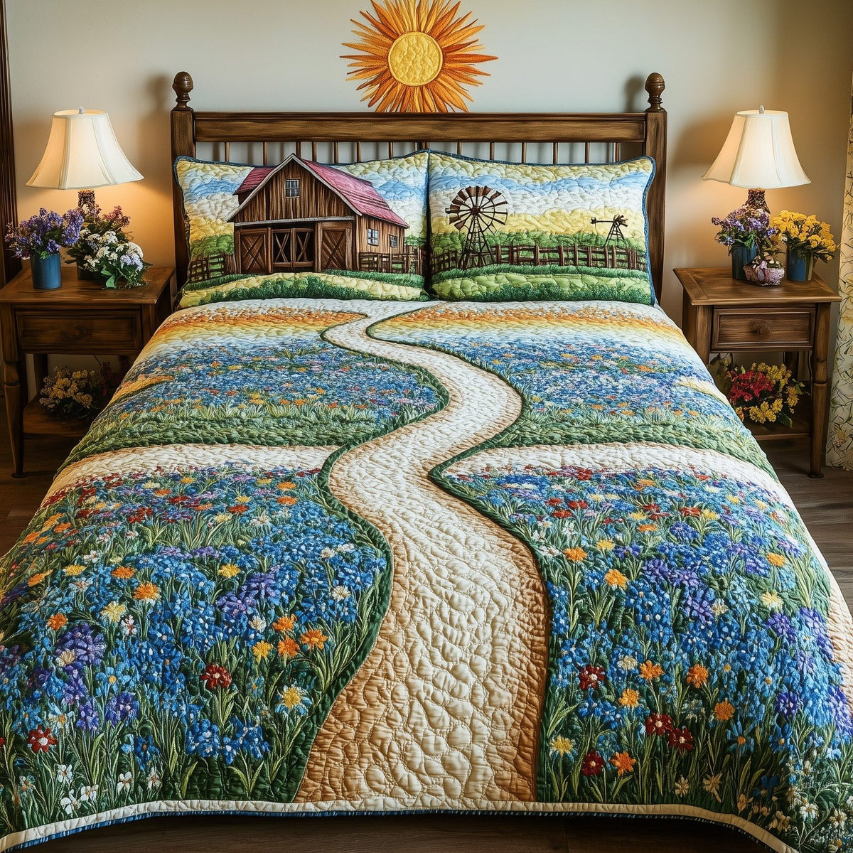Bluebonnet Barn quilted 3-piece bedding set on a made bed in a farmhouse bedroom