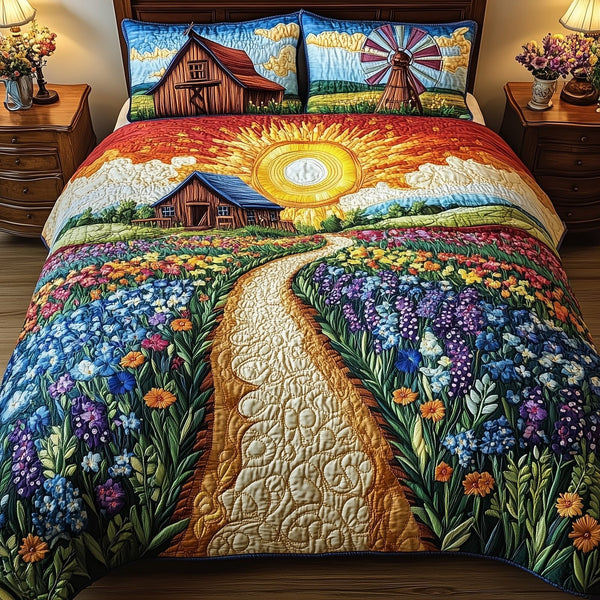 Bluebonnet Barn quilted 3-piece bedding set on a made bed in a farmhouse bedroom