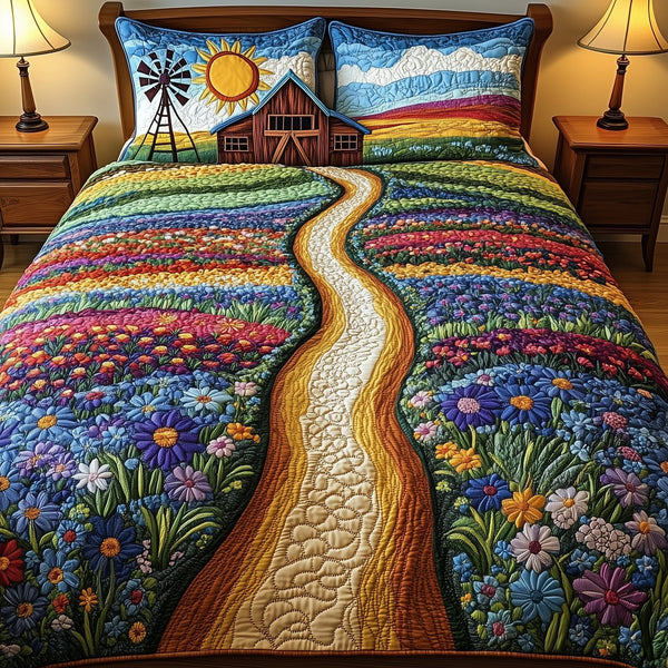 Bluebonnet Barn quilted 3-piece bedding set on a made bed in a farmhouse bedroom