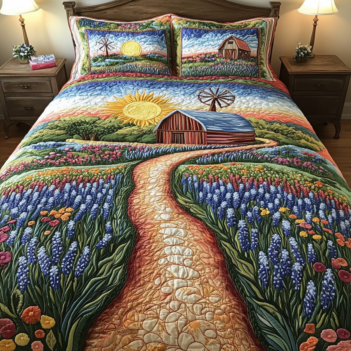 Bluebonnet Barn quilted 3-piece bedding set on a made bed in a farmhouse bedroom
