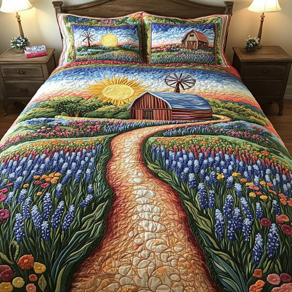 Bluebonnet Barn quilted 3-piece bedding set on a made bed in a farmhouse bedroom