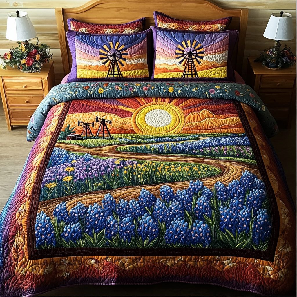 Bluebonnet Bliss quilted 3-piece bedding set on a made bed with two matching pillow shams