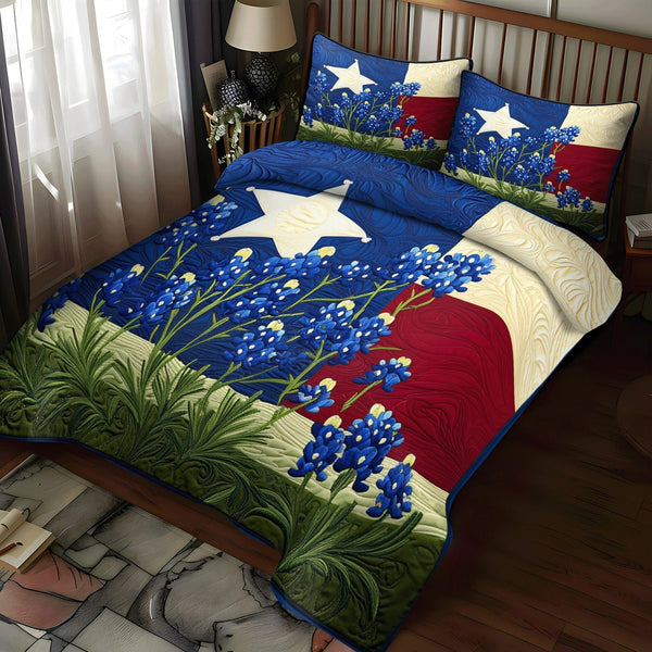 Bluebonnet Fields quilted 3-piece bedding set on a made bed with two matching pillow shams